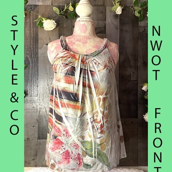 3 TOPS $25 NWOT STYLE & COMPANY PETITE MEDIUM MULTI PASTEL FLOWER DESIGN BLOUSE - Picture 3 of 13